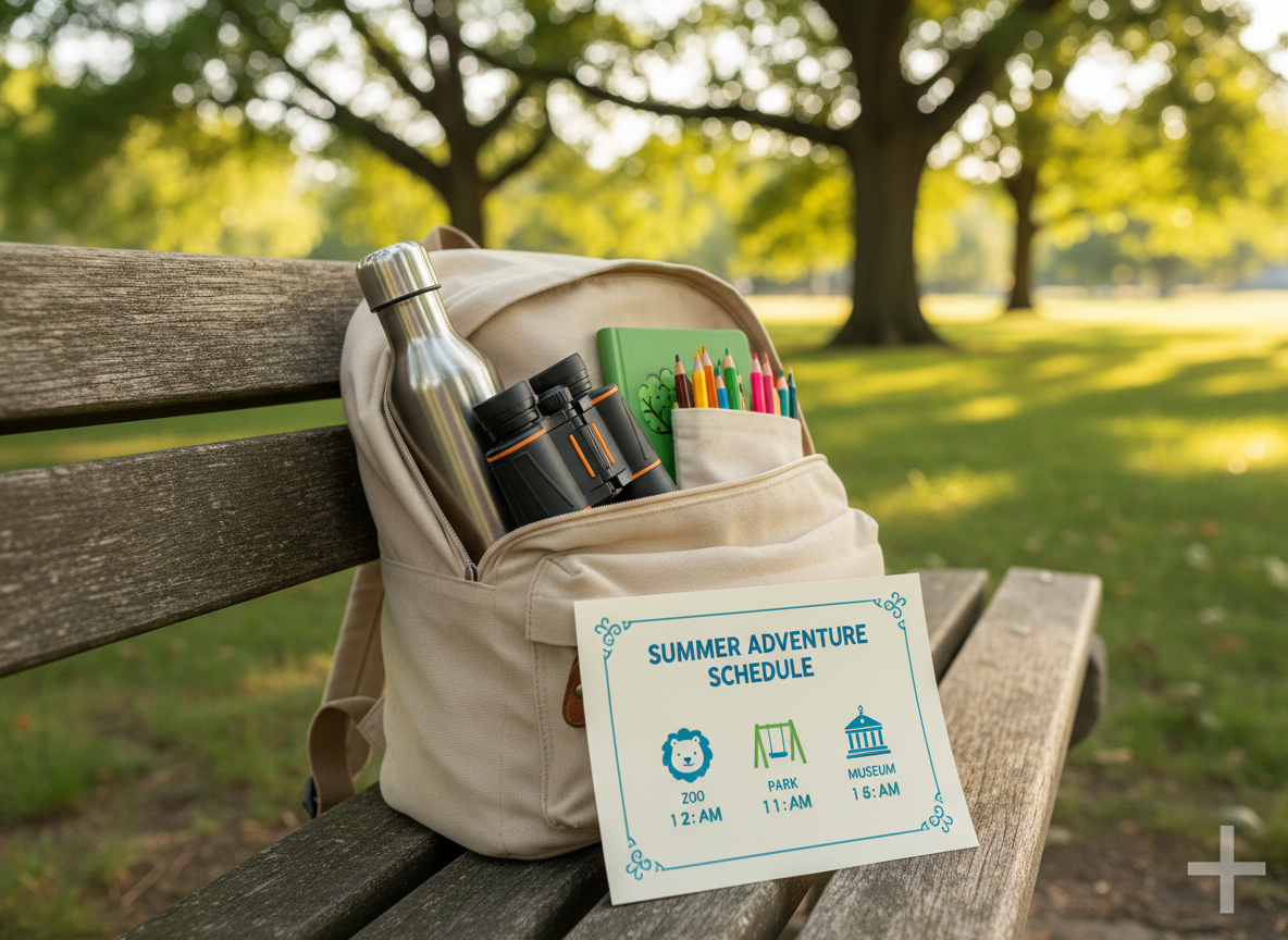 A bright summer field trip concept image showing a neatly packed, open canvas backpack on a wooden bench, filled with a stainless steel water bottle, binoculars, a small spiral nature journal, and a colored pencil set. Next to it lies a folded, printed field trip schedule with playful icons of a zoo, park, and museum, and a subtle cross watermark in the corner. The background is a softly blurred green park with dappled sunlight shining through trees. Photographic realism shot from a close, three-quarter angle, with gentle afternoon light creating crisp highlights and soft shadows, evoking excitement, safety, and organized adventure for optional outings.